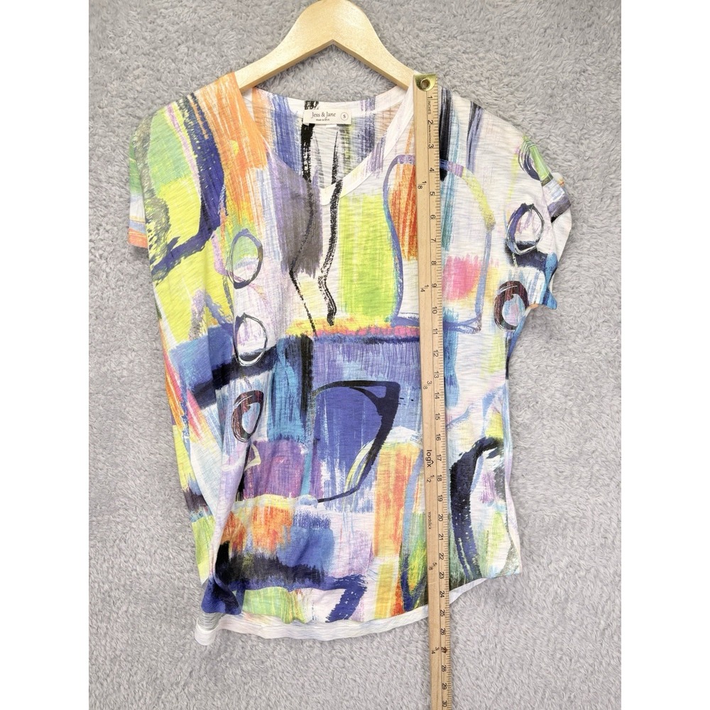 Jess & Jane Womens S Abstract Art to Wear Top Short Sleeve V Neck Colorful Boho - Picture 6 of 9